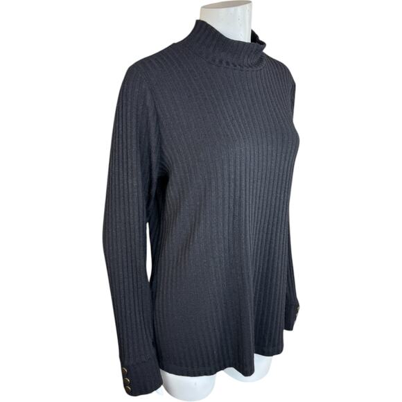 Susan Graver Rib Knit Mock Neck Long Sleeve Top with Button Detail Black Large - Picture 4 of 11